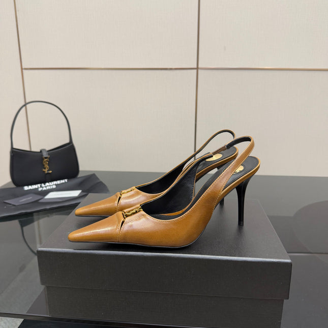 YSL 25S SLINGBACK HIGH HEELS 90 MM IN COPPER BROWN LAMBSKIN WITH GOLD HARDWARE STYLE 11
