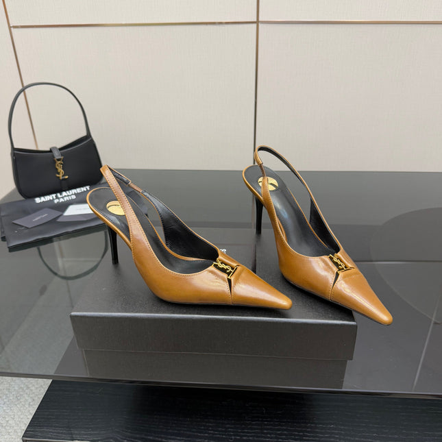 YSL 25S SLINGBACK HIGH HEELS 90 MM IN COPPER BROWN LAMBSKIN WITH GOLD HARDWARE STYLE 11