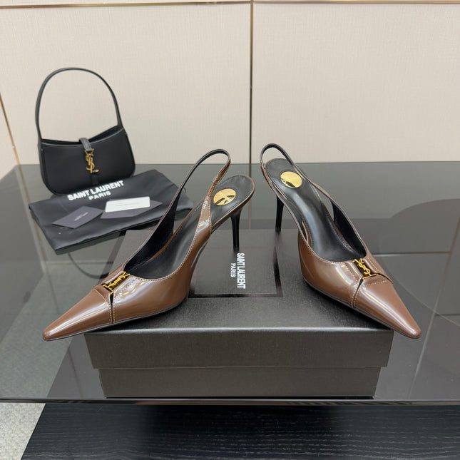 YSL 25S SLINGBACK HIGH HEELS 90 MM IN CHOCOLATE BROWN LAMBSKIN WITH GOLD HARDWARE STYLE 7