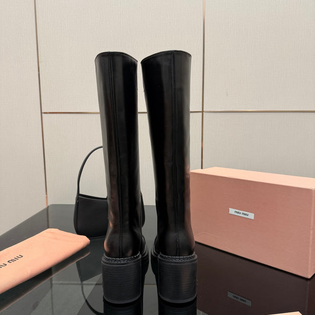 MIUMIU 25S KNEE-HIGH BOOTS IN BLACK CALFSKIN