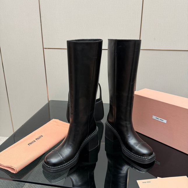 MIUMIU 25S KNEE-HIGH BOOTS IN BLACK CALFSKIN