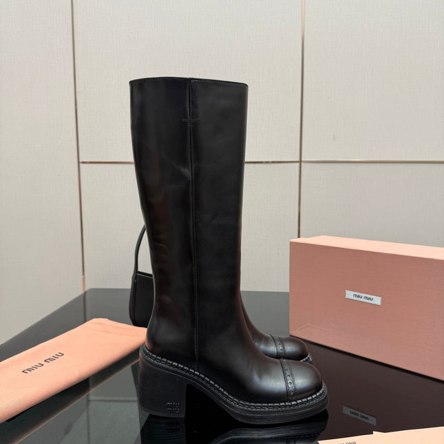 MIUMIU 25S KNEE-HIGH BOOTS IN BLACK CALFSKIN