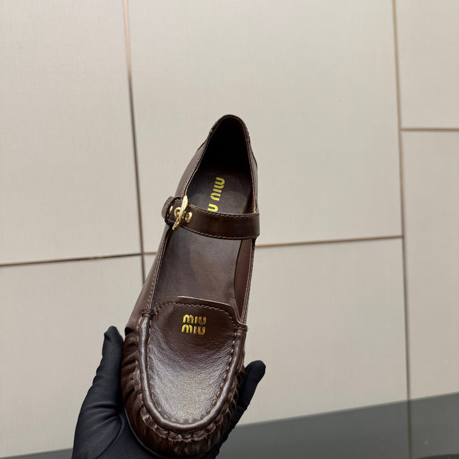 MIUMIU 25S LOAFERS WITH STRAP IN DARK BROWN LAMBSKIN
