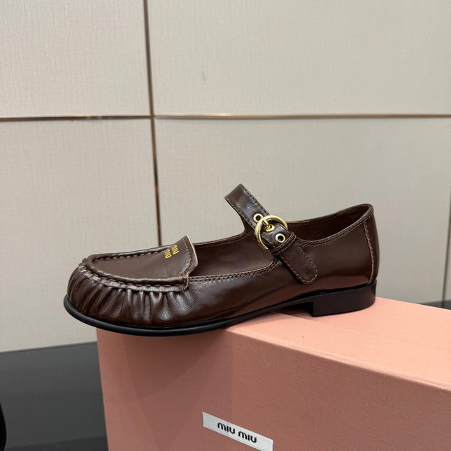 MIUMIU 25S LOAFERS WITH STRAP IN DARK BROWN LAMBSKIN