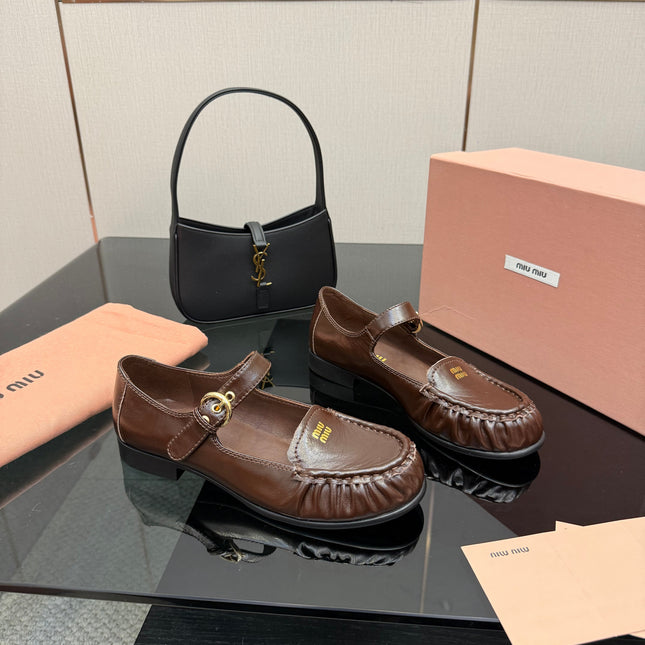 MIUMIU 25S LOAFERS WITH STRAP IN DARK BROWN LAMBSKIN