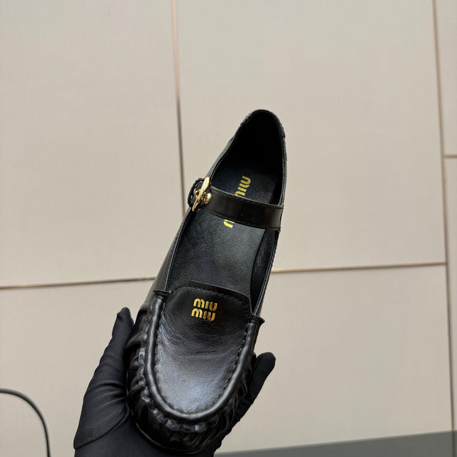 MIUMIU 25S LOAFERS WITH STRAP IN BLACK LAMBSKIN