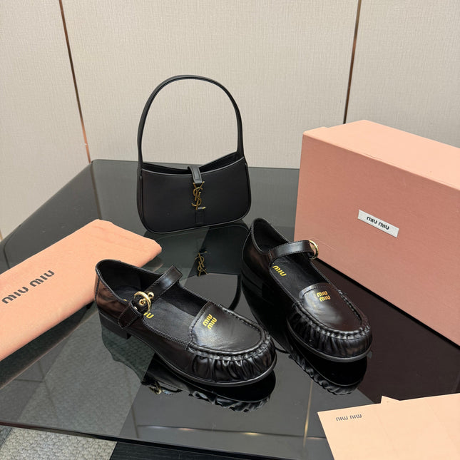 MIUMIU 25S LOAFERS WITH STRAP IN BLACK LAMBSKIN