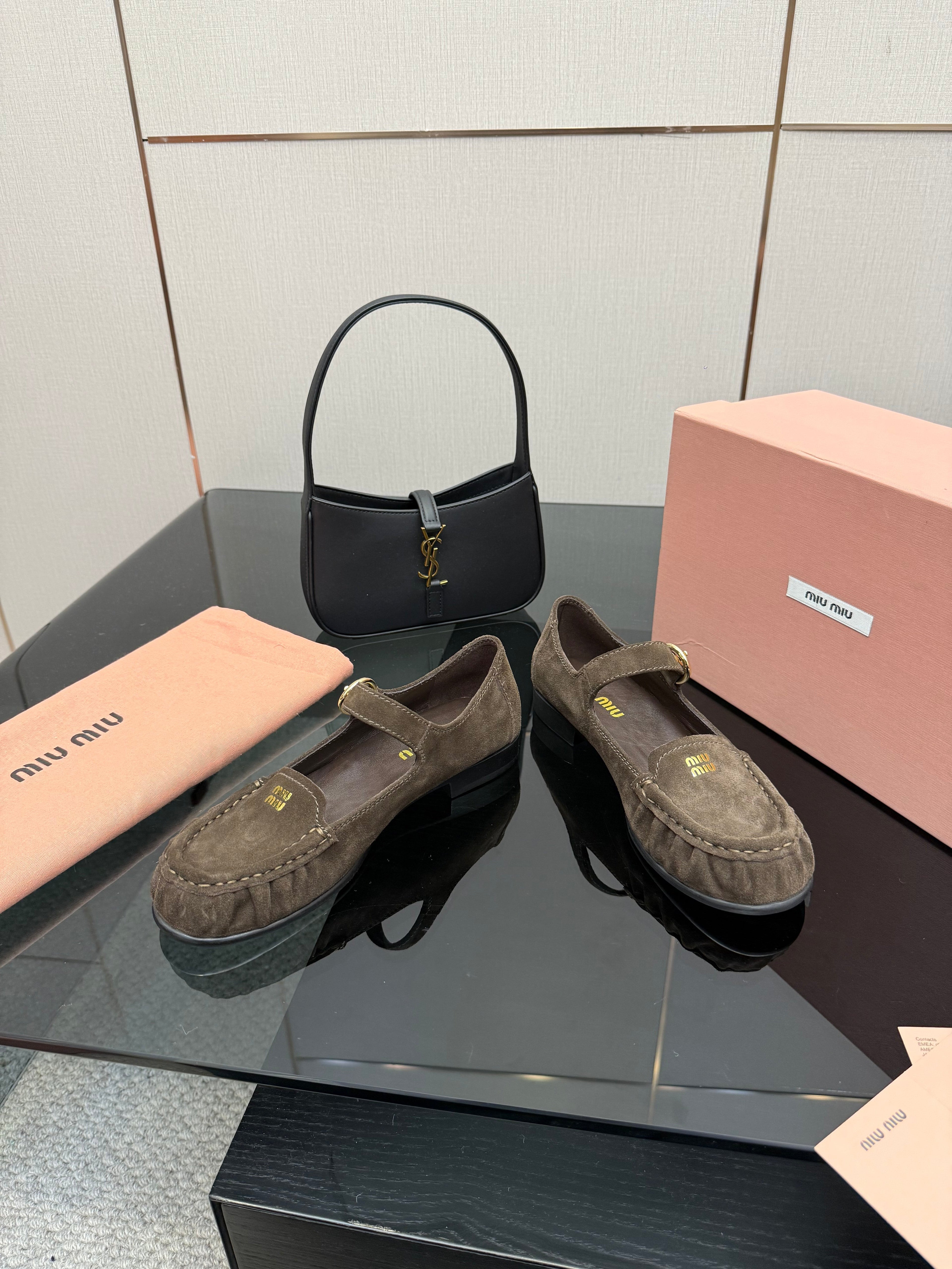MIUMIU 25S LOAFERS WITH STRAP IN DARK BROWN SUEDE