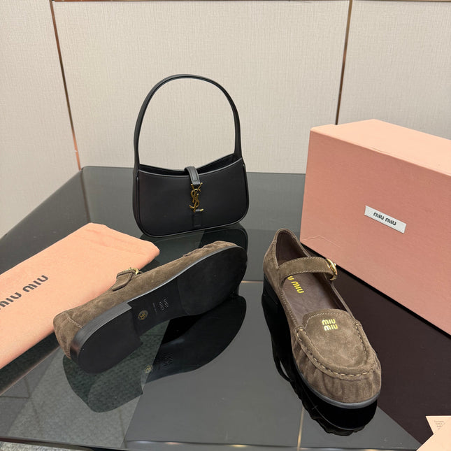 MIUMIU 25S LOAFERS WITH STRAP IN DARK BROWN SUEDE