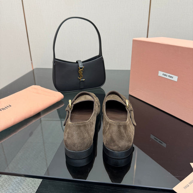 MIUMIU 25S LOAFERS WITH STRAP IN DARK BROWN SUEDE