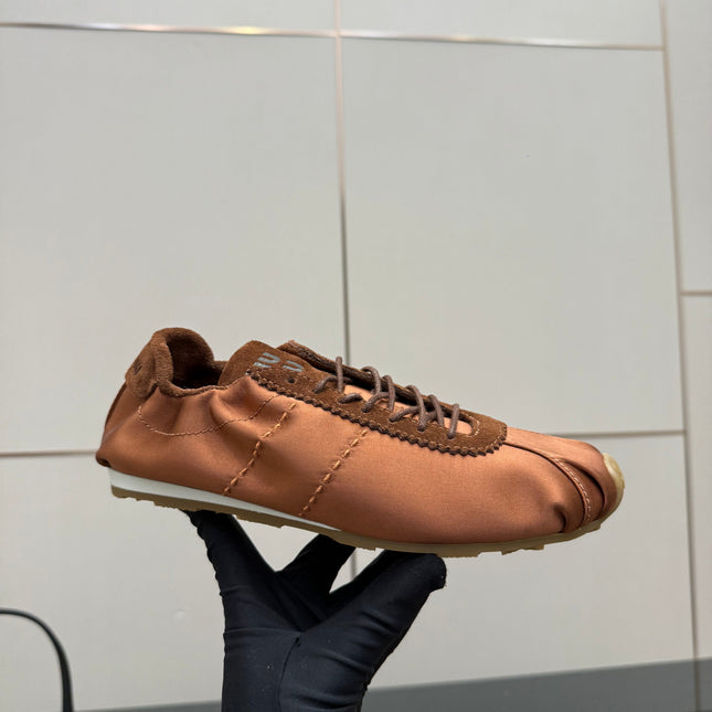 MIUMIU 25S SNEAKERS IN COCOA BROWN PLUME SATIN