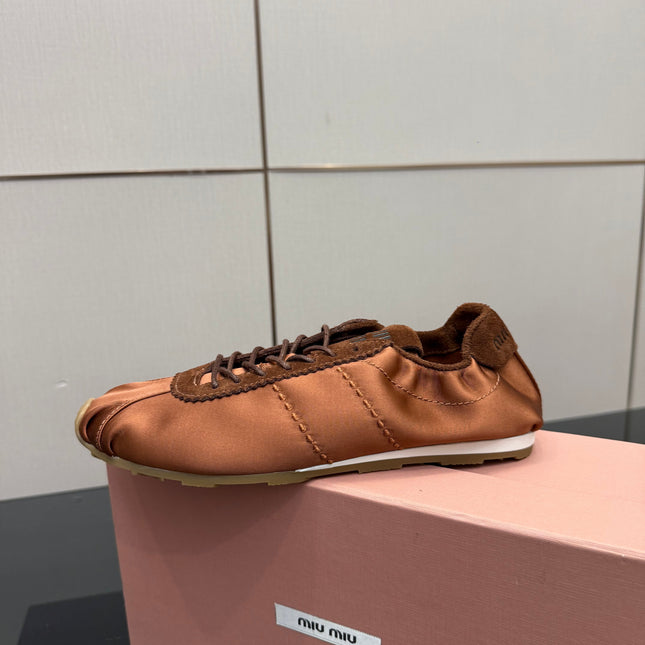 MIUMIU 25S SNEAKERS IN COCOA BROWN PLUME SATIN