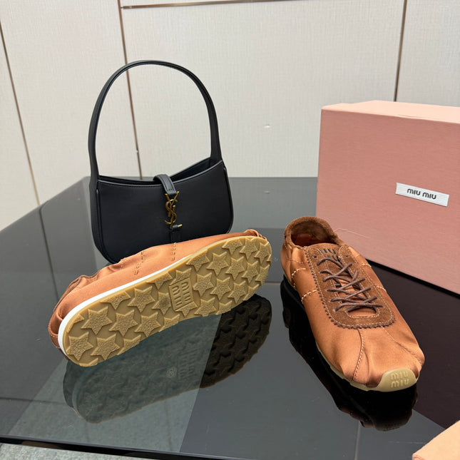 MIUMIU 25S SNEAKERS IN COCOA BROWN PLUME SATIN