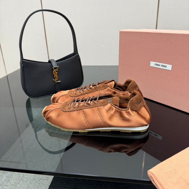 MIUMIU 25S SNEAKERS IN COCOA BROWN PLUME SATIN