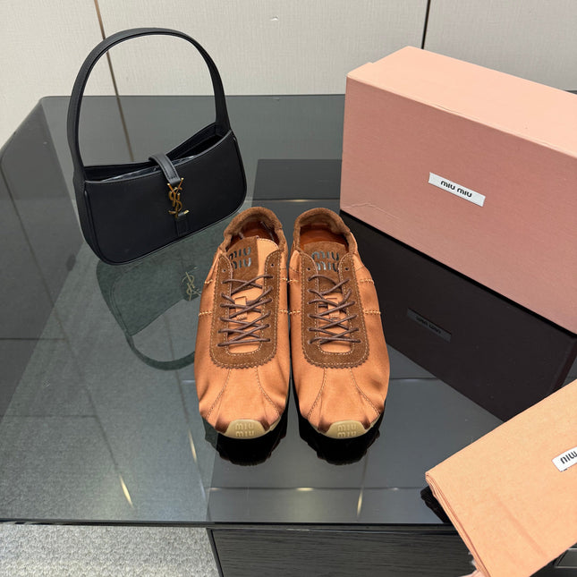 MIUMIU 25S SNEAKERS IN COCOA BROWN PLUME SATIN
