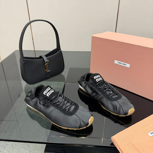 MIUMIU 25S SNEAKERS IN BLACK PLUME SATIN