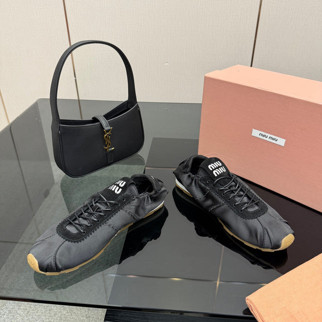 MIUMIU 25S SNEAKERS IN BLACK PLUME SATIN