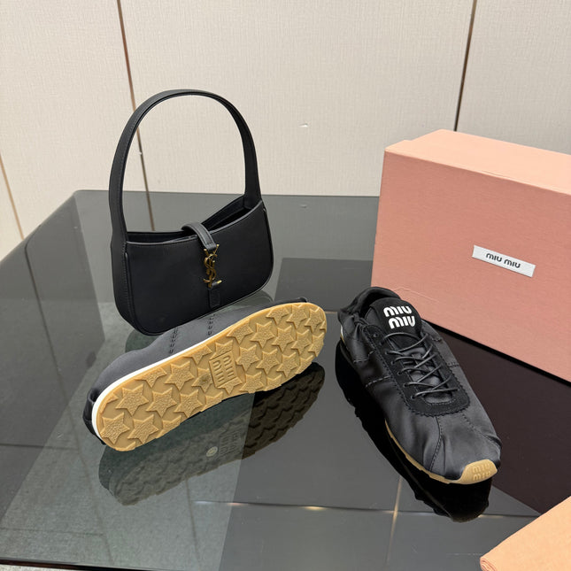 MIUMIU 25S SNEAKERS IN BLACK PLUME SATIN