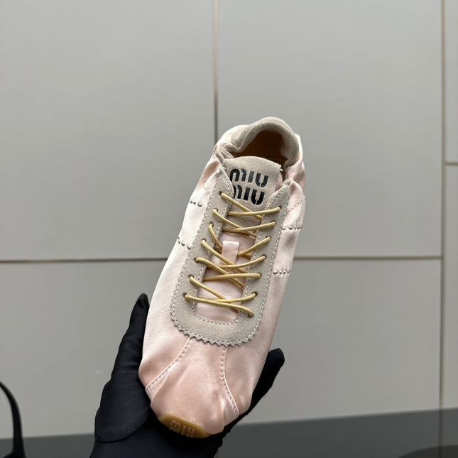 MIUMIU 25S SNEAKERS IN POWDER PINK PLUME SATIN