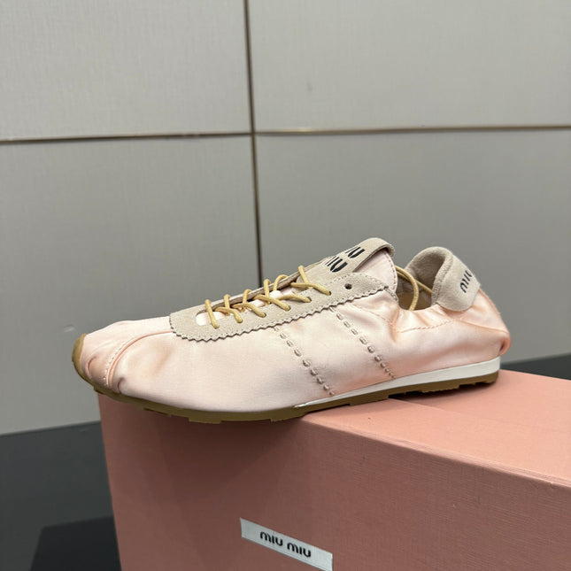 MIUMIU 25S SNEAKERS IN POWDER PINK PLUME SATIN