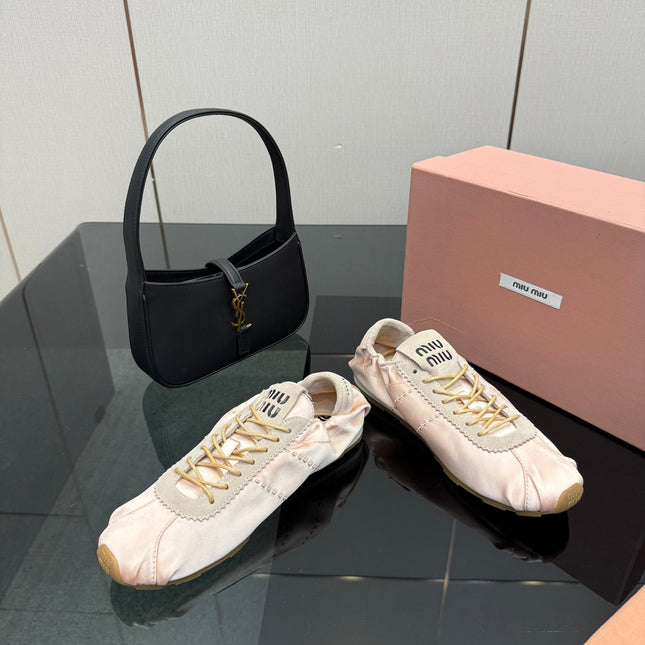 MIUMIU 25S SNEAKERS IN POWDER PINK PLUME SATIN