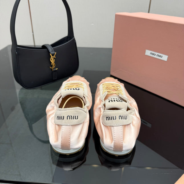 MIUMIU 25S SNEAKERS IN POWDER PINK PLUME SATIN