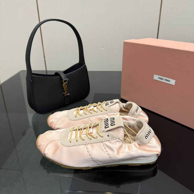 MIUMIU 25S SNEAKERS IN POWDER PINK PLUME SATIN
