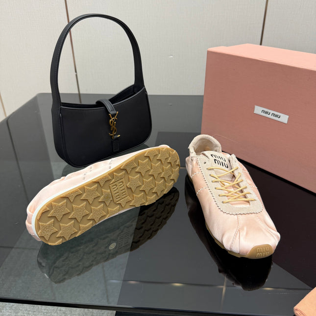 MIUMIU 25S SNEAKERS IN POWDER PINK PLUME SATIN