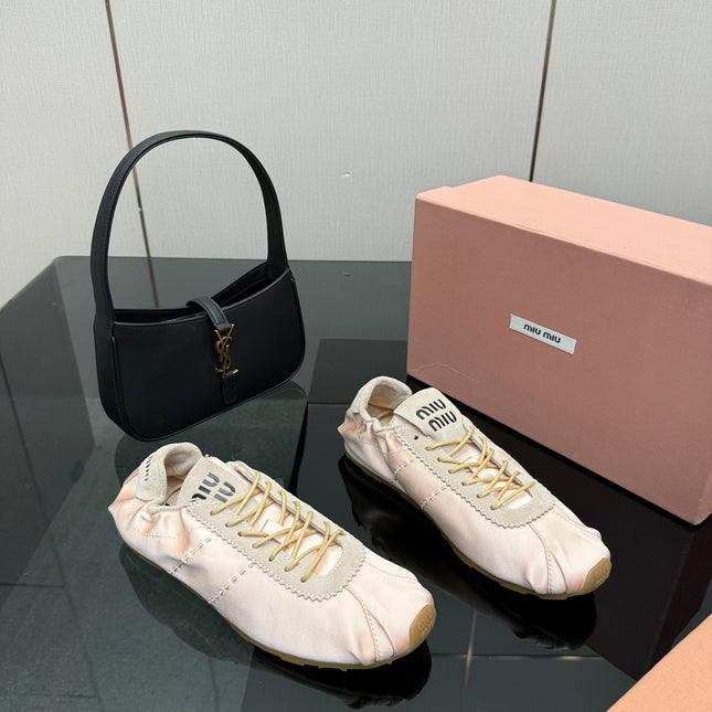 MIUMIU 25S SNEAKERS IN POWDER PINK PLUME SATIN