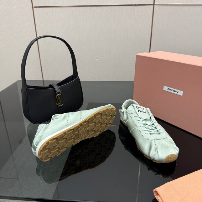 MIUMIU 25S SNEAKERS IN POWDER BLUE PLUME SATIN