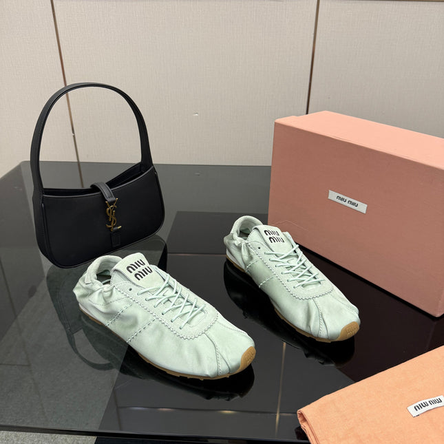 MIUMIU 25S SNEAKERS IN POWDER BLUE PLUME SATIN