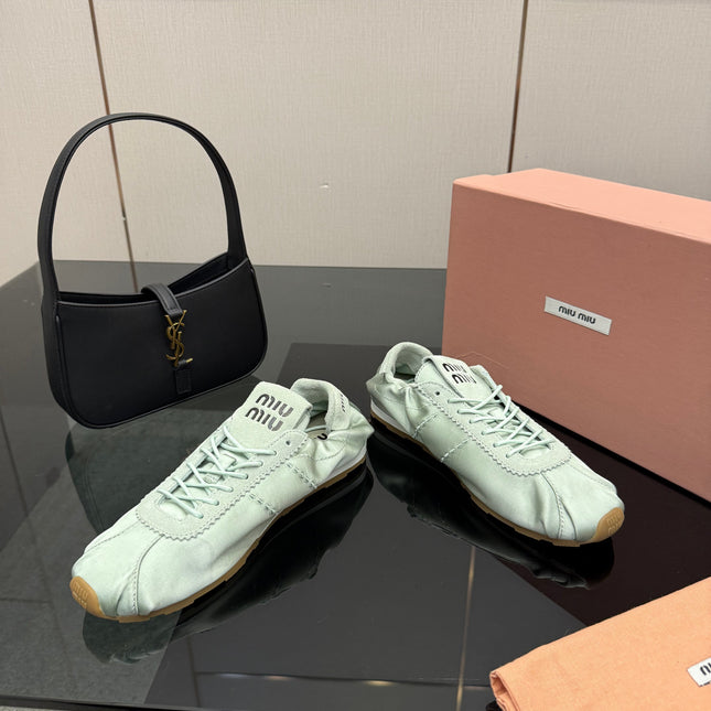 MIUMIU 25S SNEAKERS IN POWDER BLUE PLUME SATIN