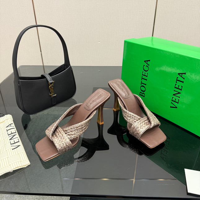 BOTTEGA VENETA 26S HEELED SANDALS 95 MM IN DARK BROWN CALFSKIN AND RAFFIA