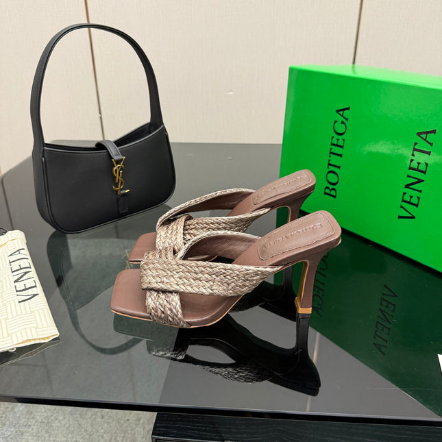 BOTTEGA VENETA 26S HEELED SANDALS 95 MM IN DARK BROWN CALFSKIN AND RAFFIA