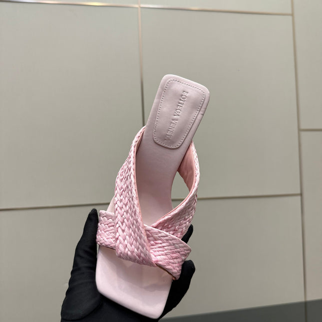 BOTTEGA VENETA 26S HEELED SANDALS 95 MM IN LIGHT PINK CALFSKIN AND RAFFIA