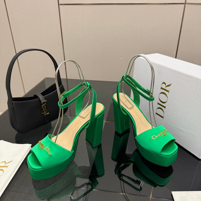 DIOR 26S HIGH HEEL SANDALS 120 MM IN GREEN SATIN
