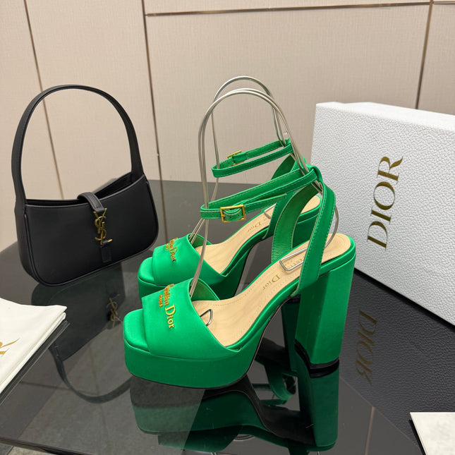 DIOR 26S HIGH HEEL SANDALS 120 MM IN GREEN SATIN