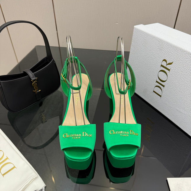 DIOR 26S HIGH HEEL SANDALS 120 MM IN GREEN SATIN