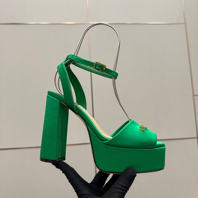 DIOR 26S HIGH HEEL SANDALS 120 MM IN GREEN SATIN