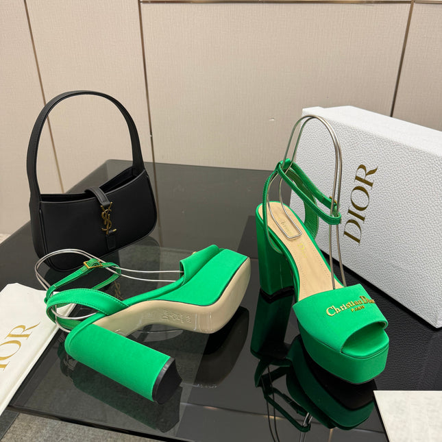 DIOR 26S HIGH HEEL SANDALS 120 MM IN GREEN SATIN