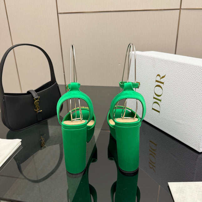 DIOR 26S HIGH HEEL SANDALS 120 MM IN GREEN SATIN