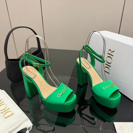 DIOR 26S HIGH HEEL SANDALS 120 MM IN GREEN SATIN