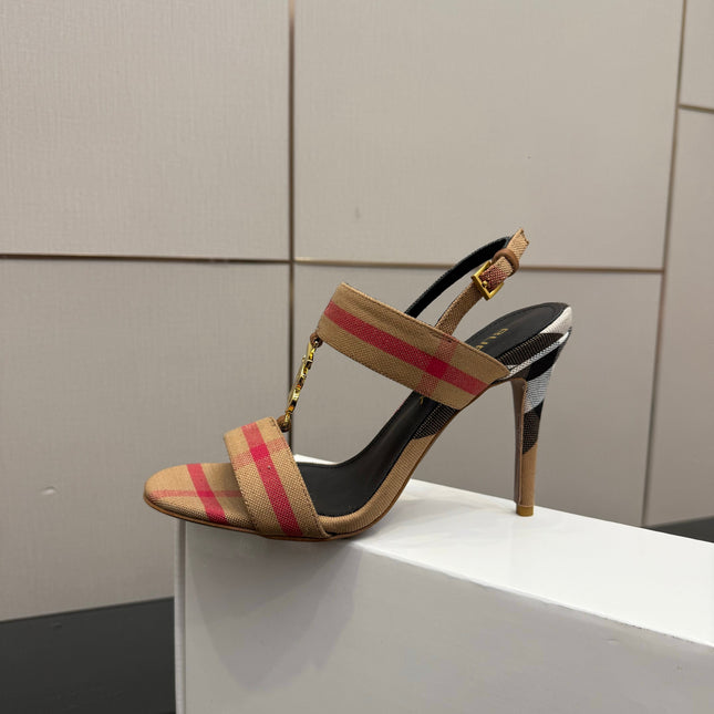 BURBERRY 26S HIGH-HEELED SANDALS 100 MM IN LIGHT BROWN STRIPES FABRIC