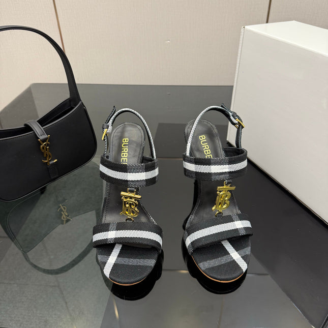 BURBERRY 26S HIGH-HEELED SANDALS 100 MM IN BLACK AND WHITE STRIPES FABRIC