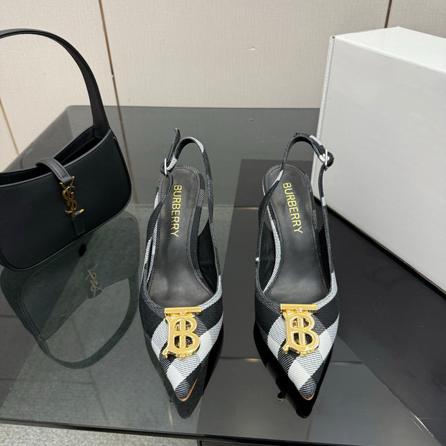 BURBERRY 26S SLINGBACK HEELS 85 MM IN STRIPED COLOR COORDINATION FABRIC WITH GOLD HARDWARE STYLE 6