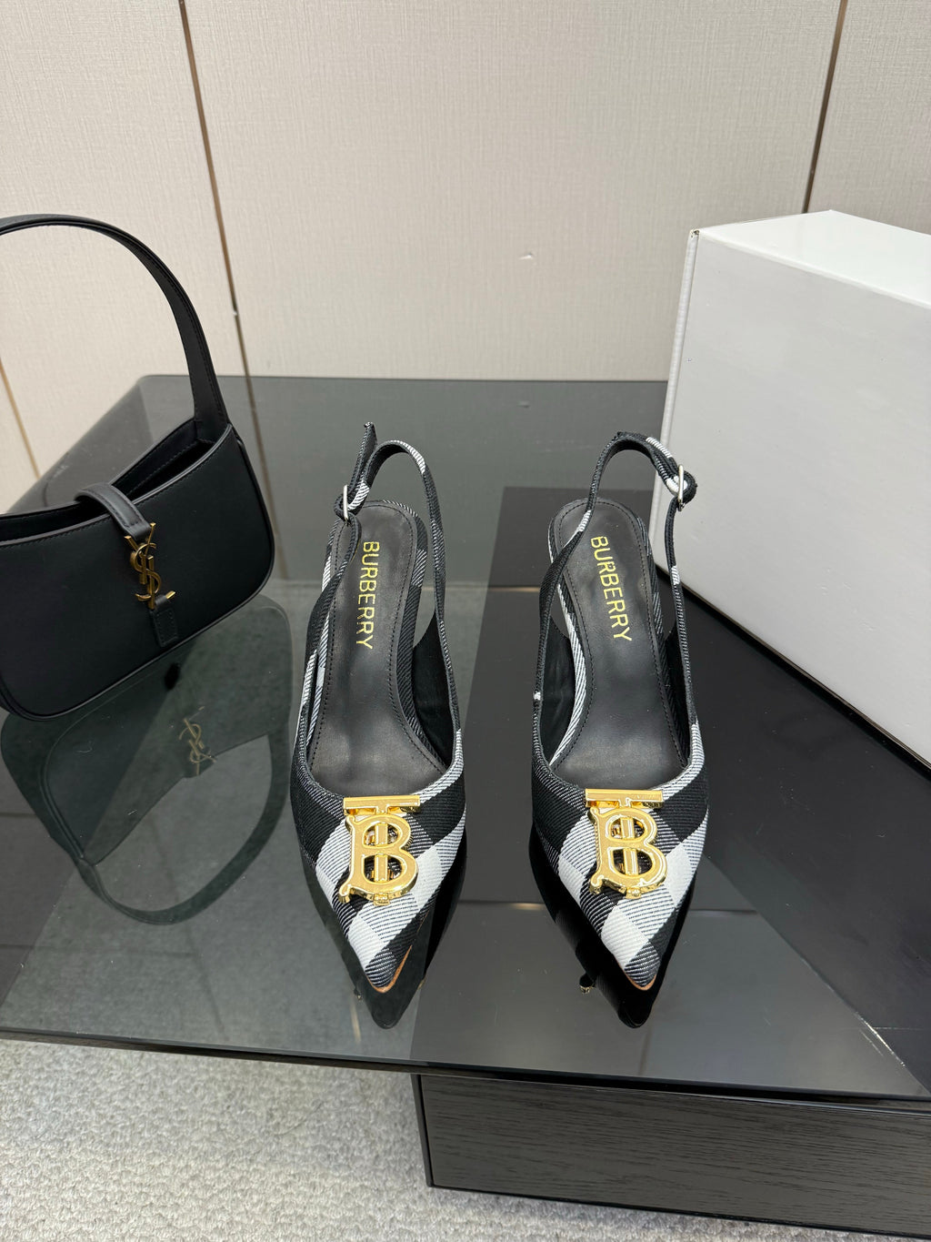 BURBERRY 26S SLINGBACK HEELS 85 MM IN STRIPED COLOR COORDINATION FABRIC WITH GOLD HARDWARE STYLE 6