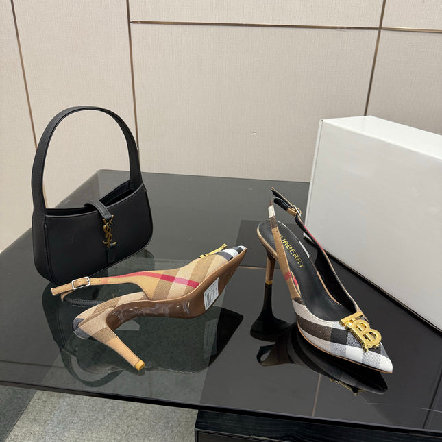 BURBERRY 26S SLINGBACK HEELS 85 MM IN STRIPED COLOR COORDINATION FABRIC WITH GOLD HARDWARE STYLE 5