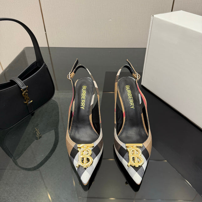 BURBERRY 26S SLINGBACK HEELS 85 MM IN STRIPED COLOR COORDINATION FABRIC WITH GOLD HARDWARE STYLE 5