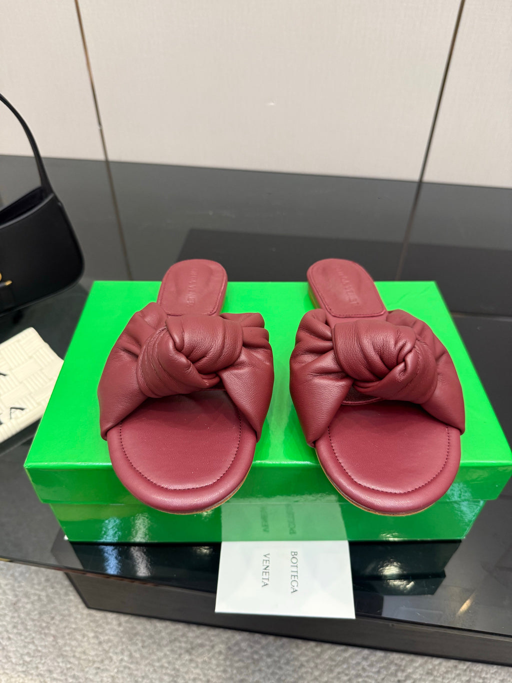 BOTTEGA VENETA 26S SLIDE SANDALS IN DARK RED LAMBSKIN