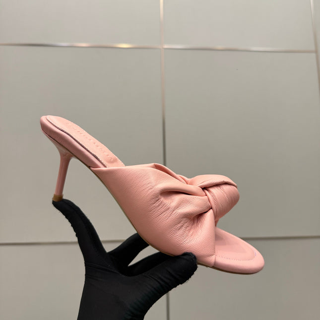 BOTTEGA VENETA 26S KNOT-STRAP HIGH-HEEL SANDALS IN PASTEL PINK LAMBSKIN